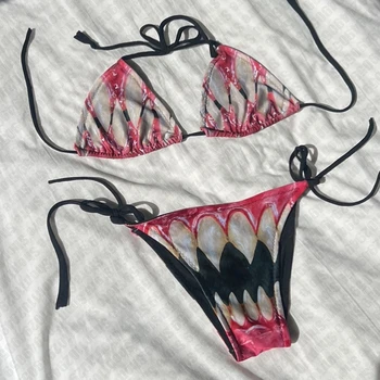 Y2k 2000s Swimsuit Punk Print Push-up Padded Bra Thong Two Pieces Swimwear Beachwear Bathing Suit Female Women Sexy Bikini Set 1