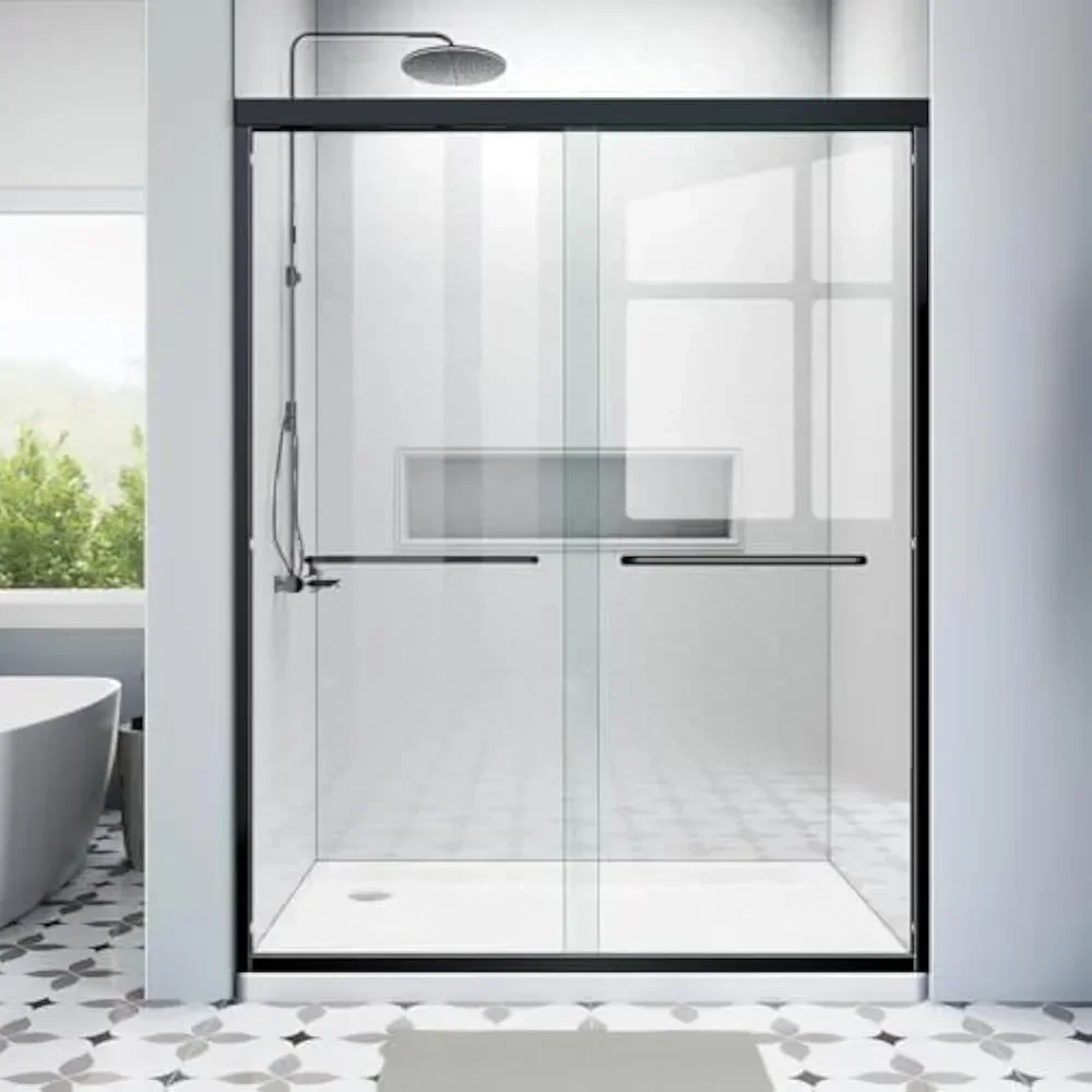 Shower Door 56-60 in W X 72 in H, Black Sliding Shower Glass Door Adjustable Semi Frameless Doors