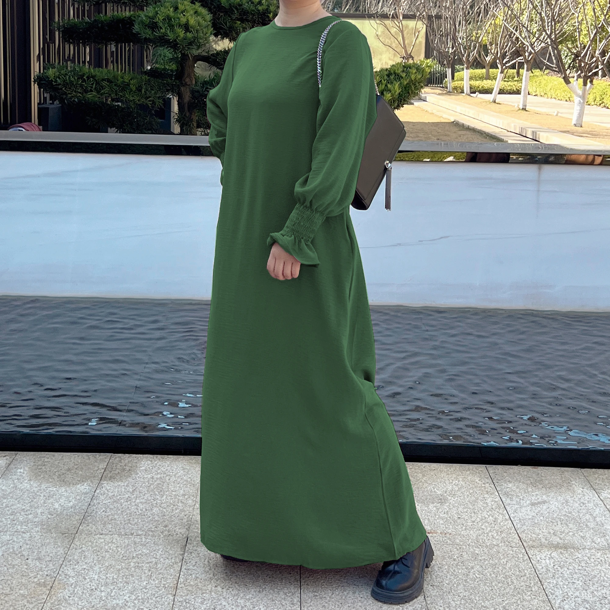 

Ramadan Solid Crew Neck Shirred Cuff Abaya, Elegant Long Sleeve Simple Maxi Dress, Women's Clothing Kebaya Kaftan