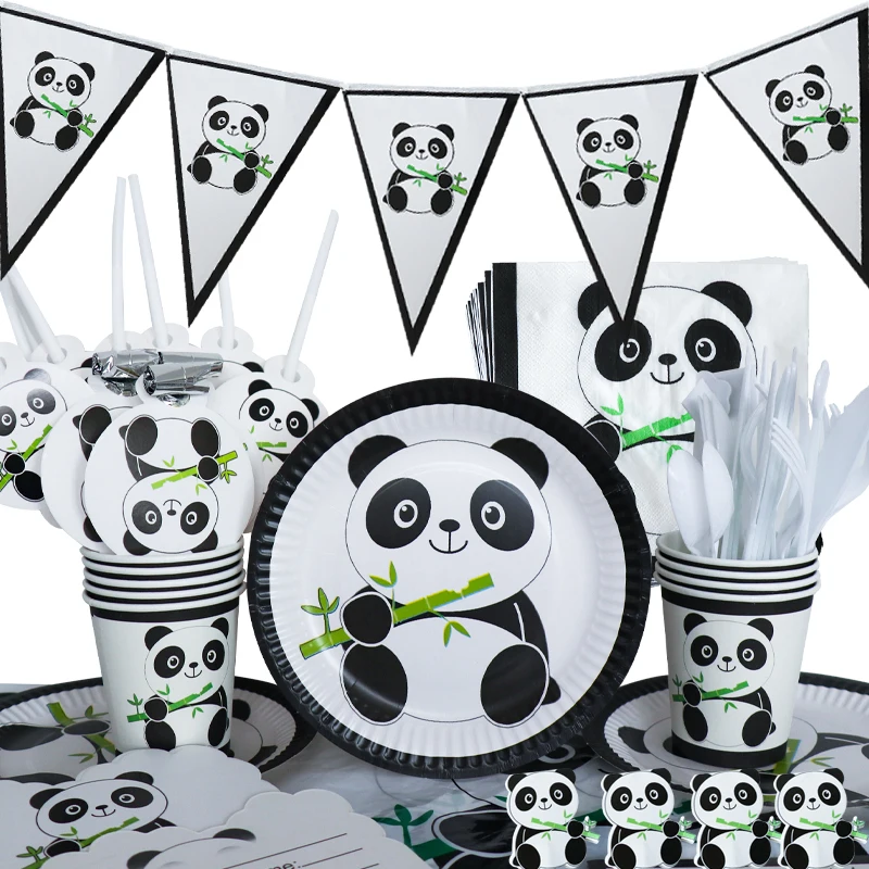 White Black Panda Baby Birthday Tableware Decoration Party Tablecloth Napkin 
