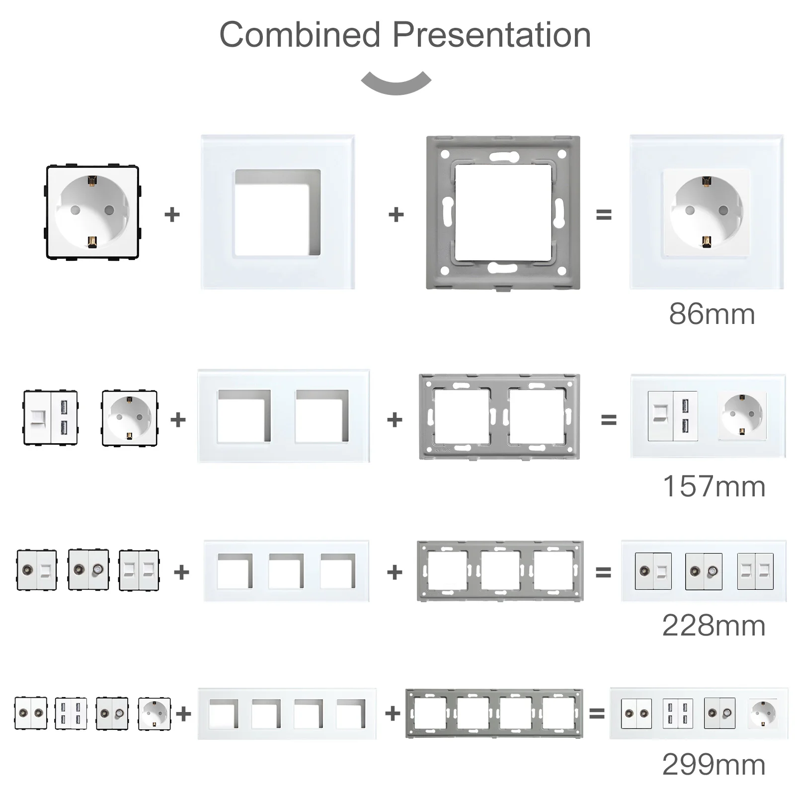 Wall Plug Socket BSEED Glass Panel Internet Socket TV ST CAT5 RJ45 Function Parts Double USB Socket EU DIY Free Combination