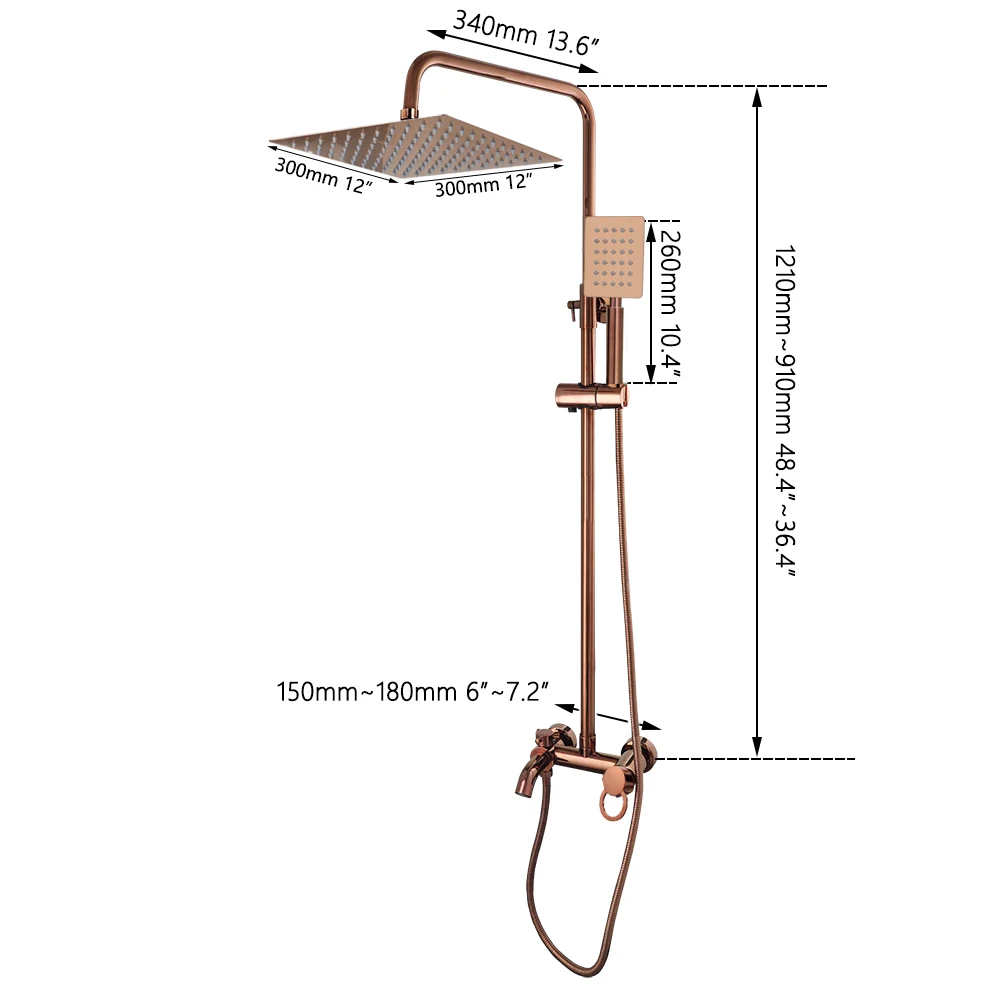 Torayvino Rose Gold Rectangle Rainfall Shower Head Bathroom Showers Faucet Wall Mounted Bathtub Shower System Mixer Water Tap