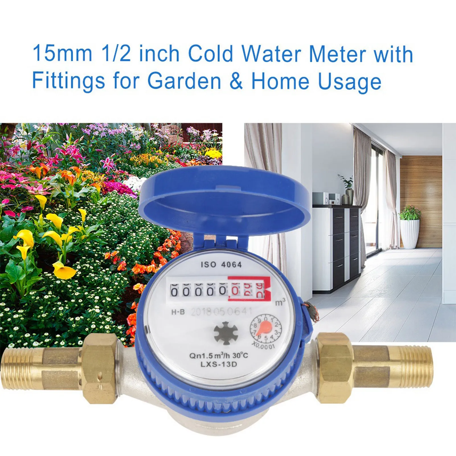 15mm cold Water meter Home Water Meter 15mm 1/2 Inch Cold Meter with Fittings for Garden &amp Home Usage Cold