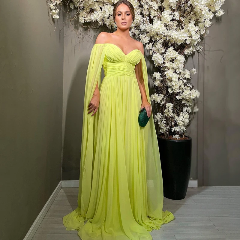 

Elegant A-Line Prom Dress Off The Shoulder Sweetheart Evening Dresses Chiffon Floor Length Saudi Arabia Prom Gowns Custom Size