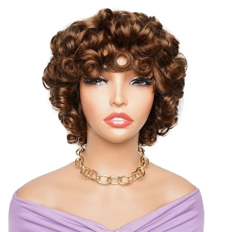 Brown Full Bouncy Curl Glueless Human Hair Wigs with Bang for Women Full Wig Bobbi