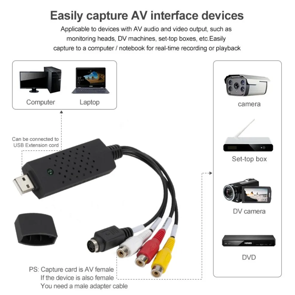 USB 2.0 Audio Video Capture Card TV Tuner With USB Cable VHS To DVD Video Capture Converter For TV Video DVR Win7/8/XP/Vista