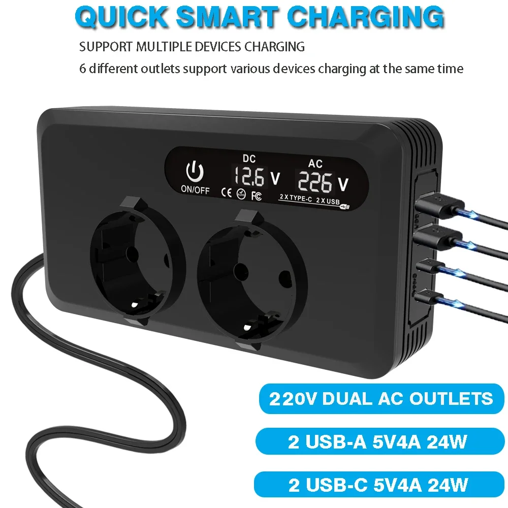 200W 12V auf 230V für EU-Steckdosen Auto-Wechselrichter Zigarettenanzünder-Stecker USB-C-Anschluss Fahrzeug-Konverter Schnelllade-Netzteil