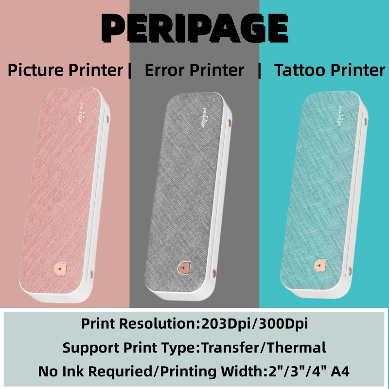 Peripage Portable A4 printer Tattoo printer Mini ink-free thermal paper wireless Bluetooth mobile phone 203/304Dpi