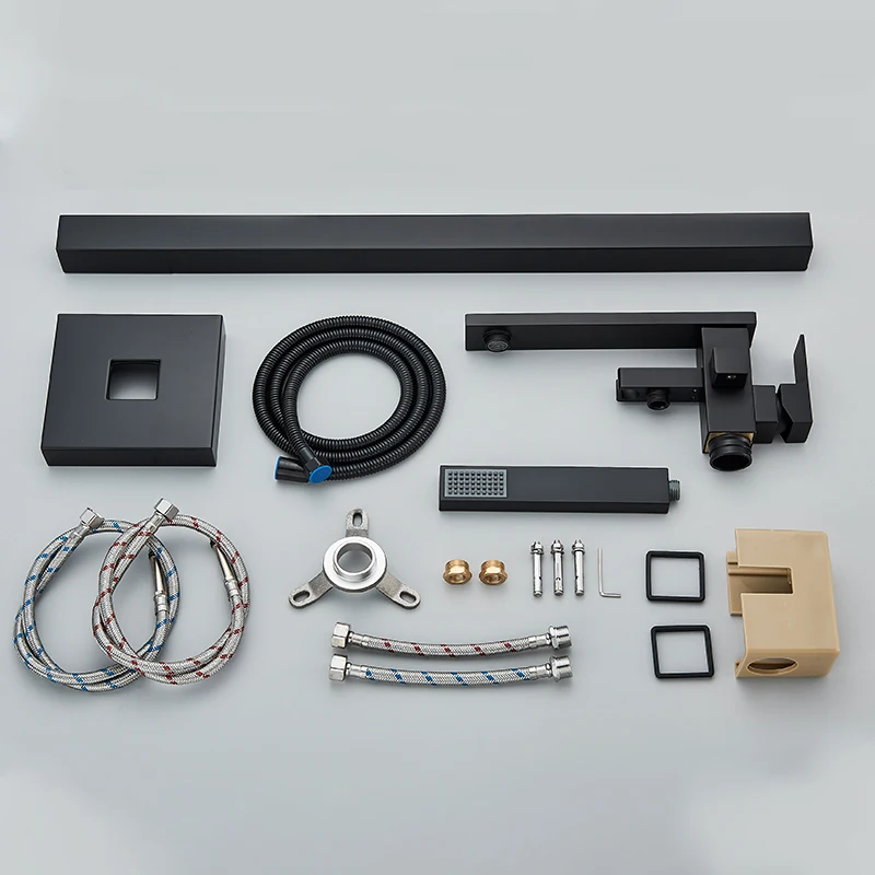 Matte Black Square Bathtub Shower Faucets Floor Standing Faucet Hot Cold Water Shower Mixer Tap Bathroom Waterfall Mixer 6