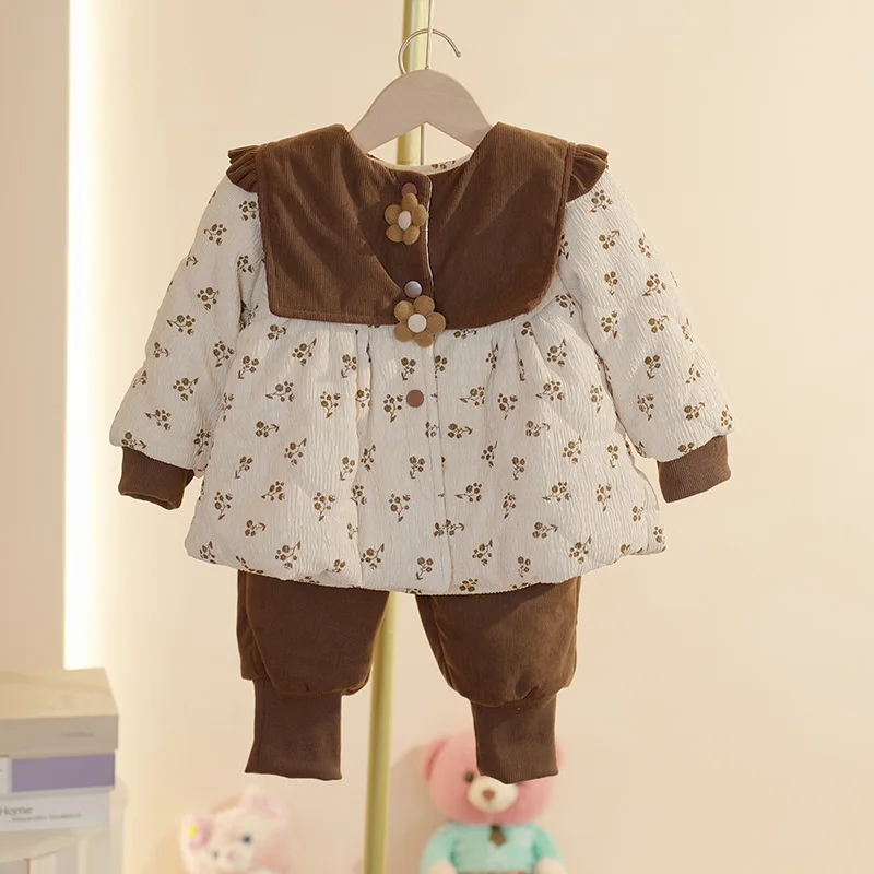 

Pure Cotton Coat 1-5T Girl's Skin Friendly Material Corduroy Patchwork Flower Decoration Single Breasted Cute Fluffy Jacket Set