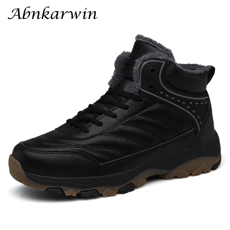 

Winter Men Ankle Outdoor Plush Fur Hiking Shoes Leather Trekking Boots Mountain Shoes Tracking Warm Black Big Size 47 48