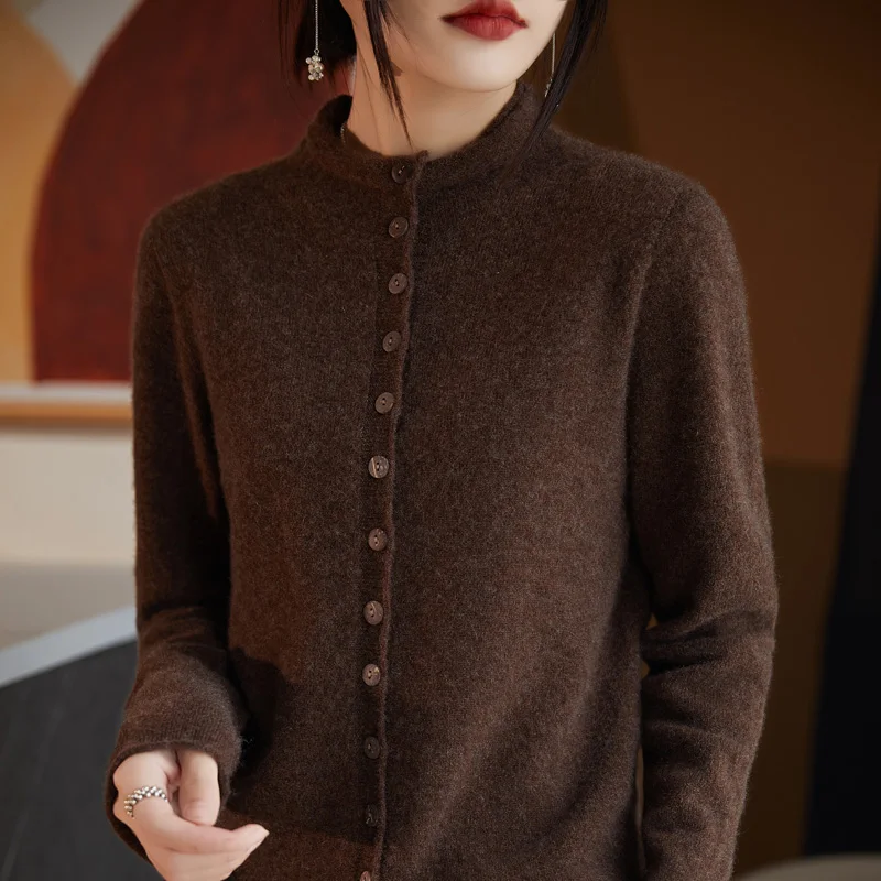 Women's Long Sleeved Solid Color Button Up Australian 100% Wool Knitted Cardigan Autumn And Winter French Fashion Knitted Jacket 5