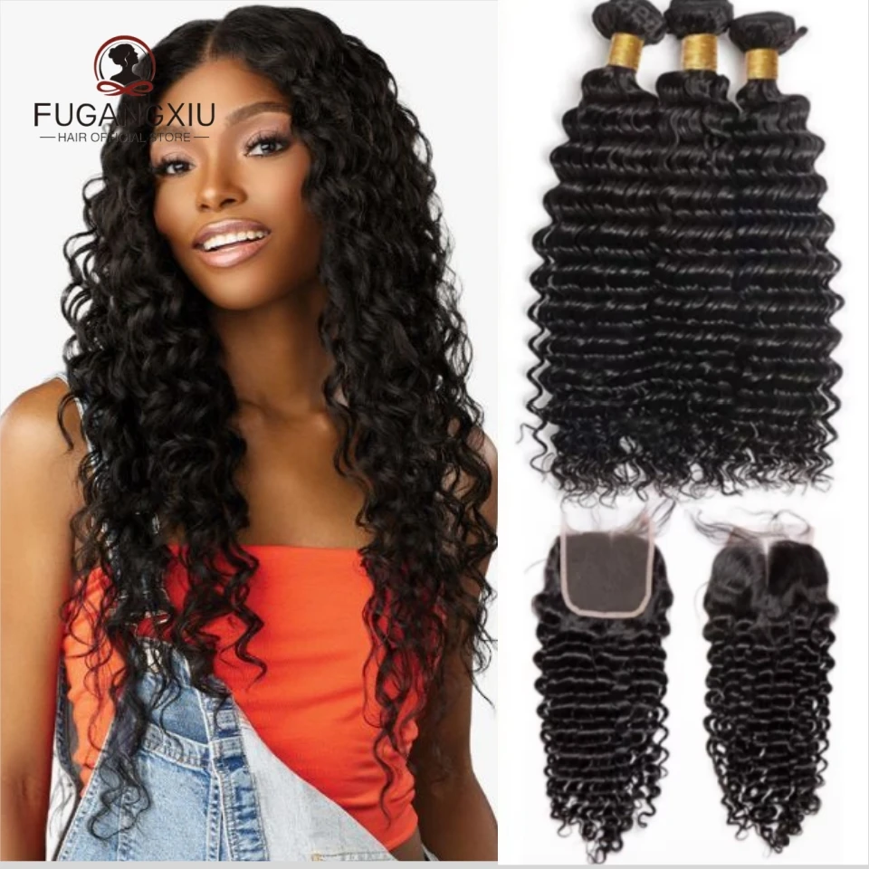 FUGANGXIU-12A Deep Wave Bundles With Closure Wet and Wavy Water Wave Human Hair Bundles With Closure Remy Hair Weave Extensions