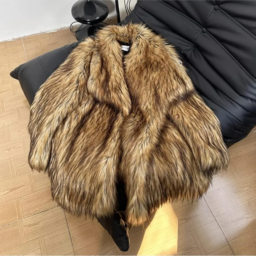 Winter Gradient Gold Brown Long Hairy Shaggy Raccoon Faux Fur Coat