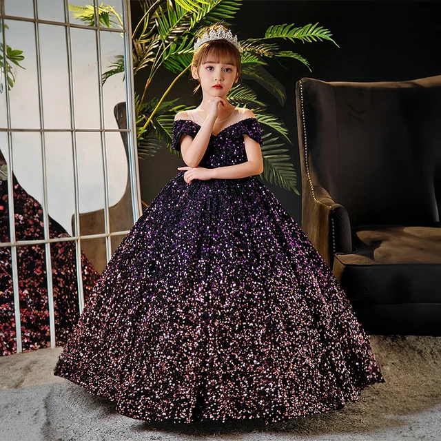 Amazon.com: Flower Girl Elegant Tulle Princess Dress Children Birthday  Party Ball Gowns Puff Sleeve Cute Sequin Dresses Blue : Baby