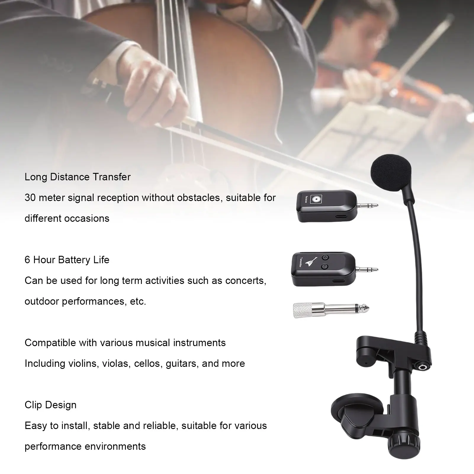 Wireless Instrument Mic Wireless Instrument Microphone 2.4G Violin Cello Guitar Clip On Condenser Mic for Stage Performance Band