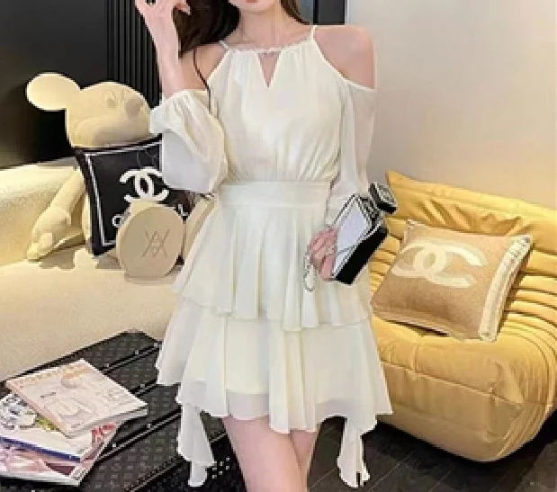

2024 Spring Autumn French Ruffled Long-sleeved Dress White Chiffon Elegant and Beautiful Women's Dresses Simple Casual Dressess
