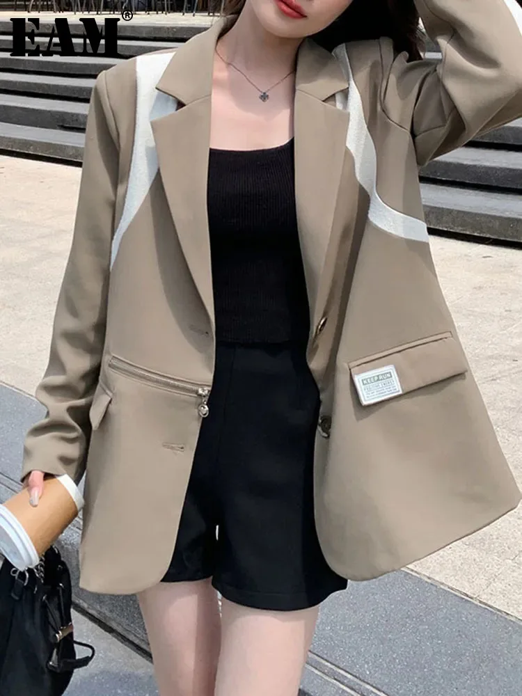 

Женский Повседневный Блейзер большого размера EAM, куртка цвета хаки с отложным воротником и длинным рукавом, весна-осень 2024