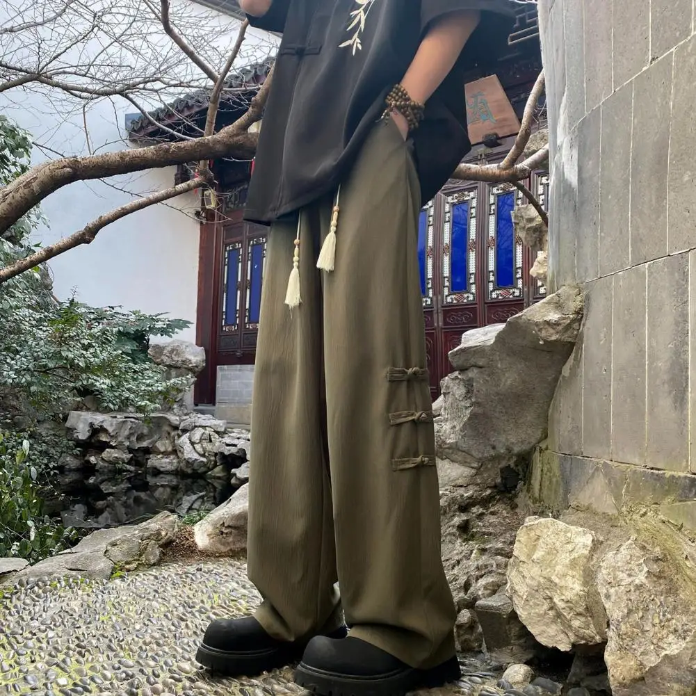 Description Picture 2 of itemChinese-style Strap Trousers Chinese Style Men's Tassel Knot Drawstring Pants with Wide Leg Elastic Waist Retro Inspired Solid