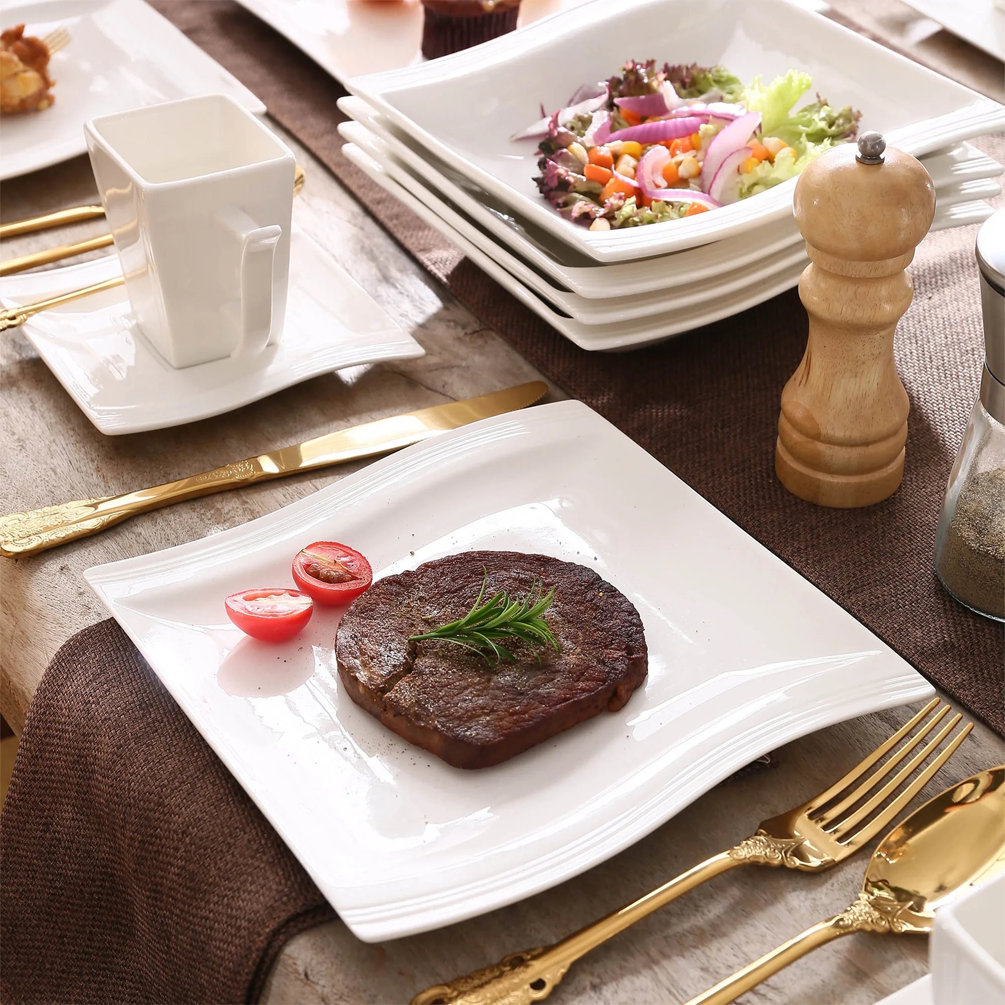 MALACASA 30/60-teiliges weißes Porzellan-Geschirrset mit 6/12-teiligem Tassen-, Untertassen-, Dessert- und Suppenteller-Geschirrset für 6–12 Personen – Detail 3