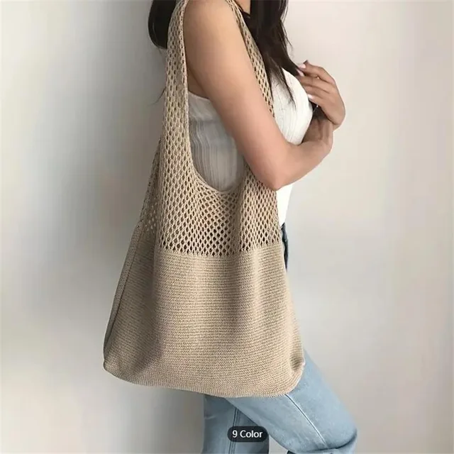 Aesthetic Hollow Out Crochet Bag, Large Capacity Shoulder Bag, Simple Knitted Tote Bag For Women