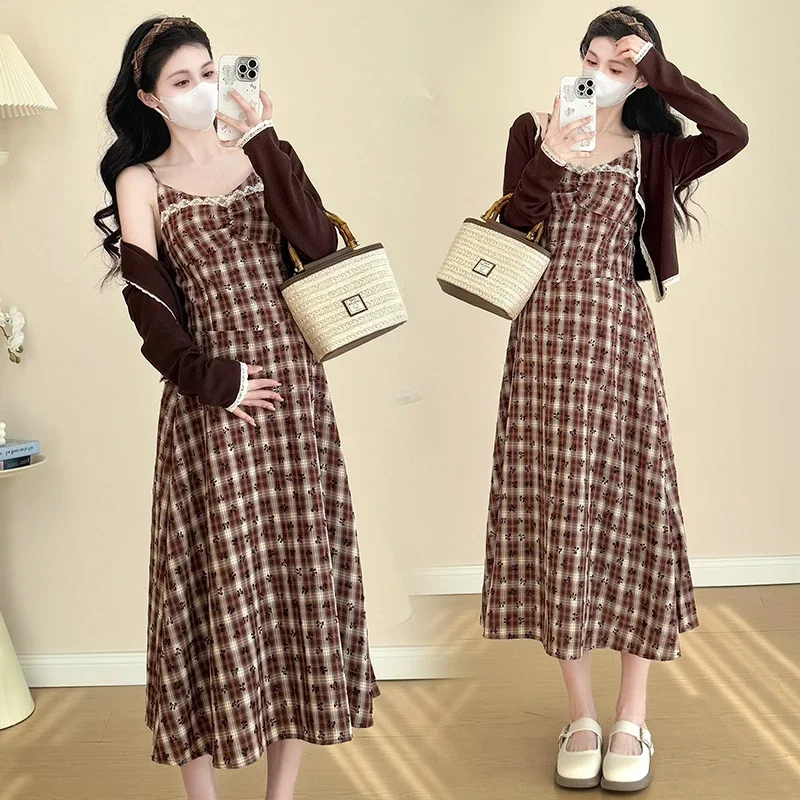 Spring Maternity Dress Suit Korean Style Long Sleeve Cardigans Strap Plaid Dress Twinset Fashion Pregnant Woman Clothes Set