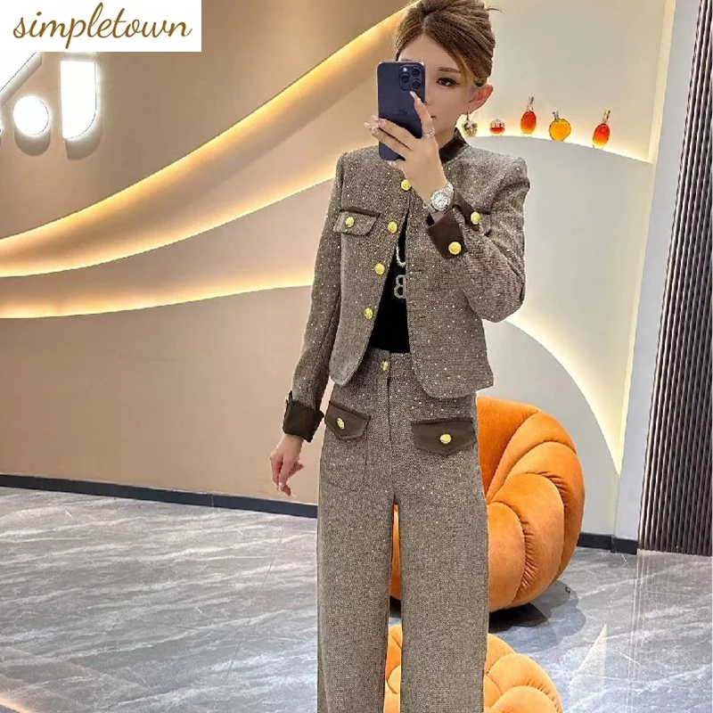 

2023 Autumn/Winter New High Grade Combination Small Fragrant Short Coat+Straight Leg Pants Slim Women's Two Piece Set