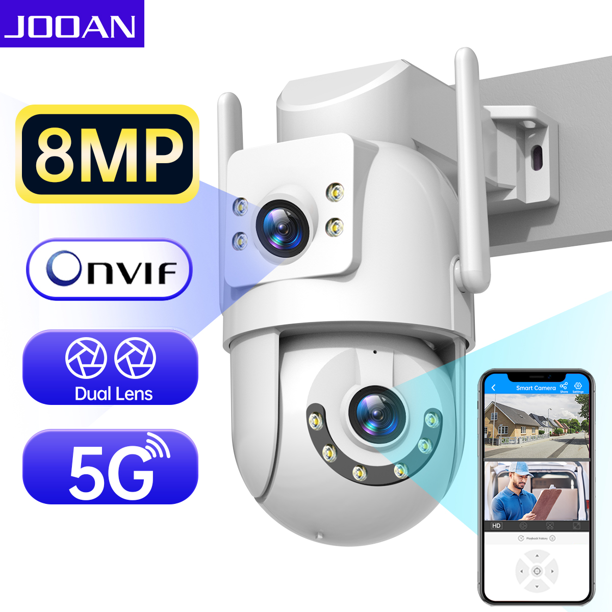JOOAN 8MP 6MP HD 5G Wifi Camera Outdoor Dual Lens Dual Screen IP Camera Auto Tracking Security CCTV Audio Video Surveillance