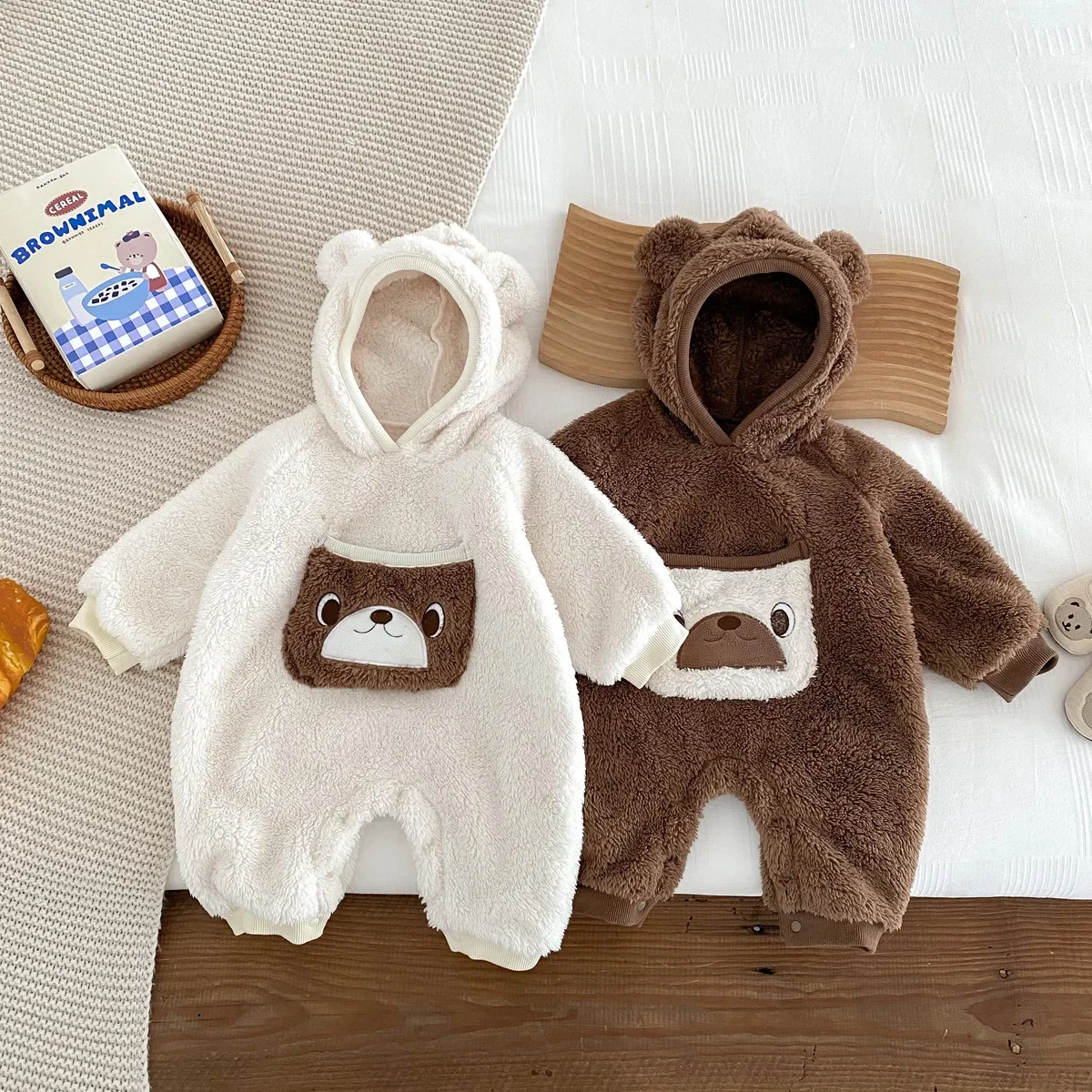 

Korean Version Baby Winter Double-sided Plush Warm Jumpsuit Infant Boy Girl Cartoon Warm Crawling Suit Casual Cute Hooded Romper