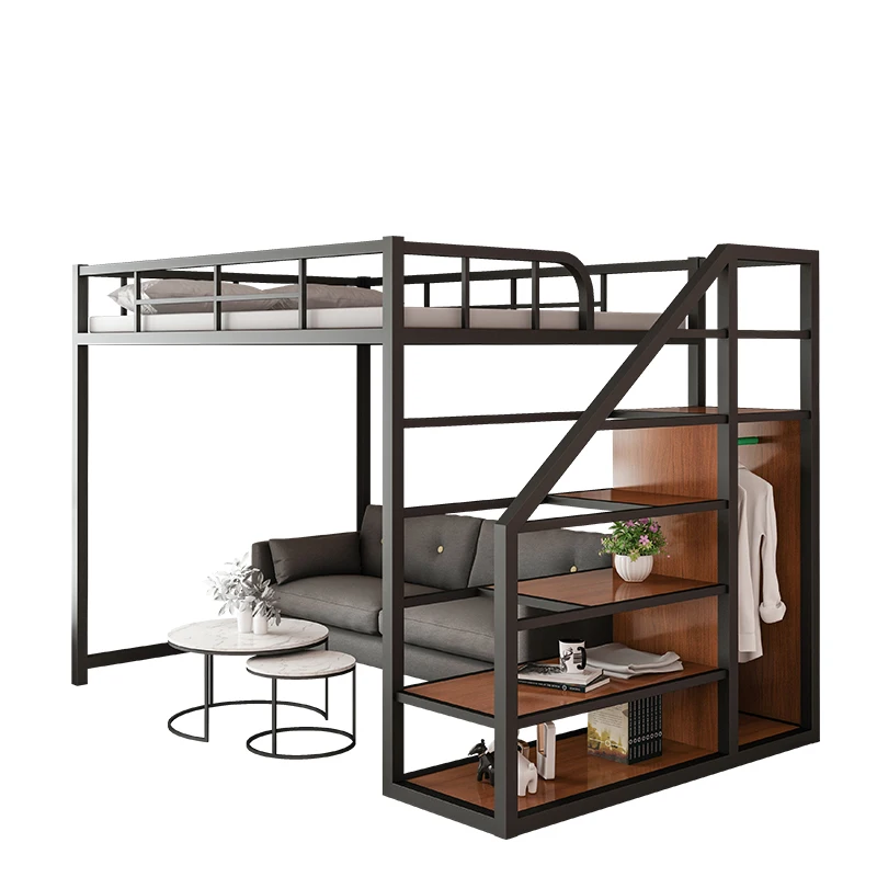 

Custom wrought iron loft bed under empty single upper floor double storey space saving loft bunk apartment