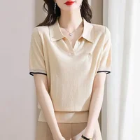 Polo Neck Shirt for Women Cute Plain Kawaii Baggy Red Woman T Korean Clothing Synthetic Luxury Fashion 2025 Pretty in Trend New - Image 3