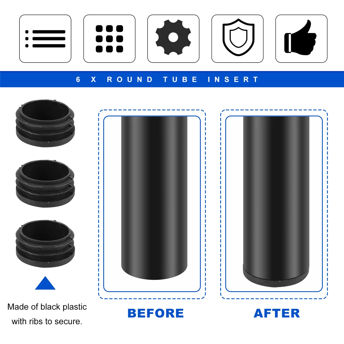 Rubber End Caps 6Pcs Plastic Blanking End Cap Pipe Tube Insert Plug Cover 40mm Black