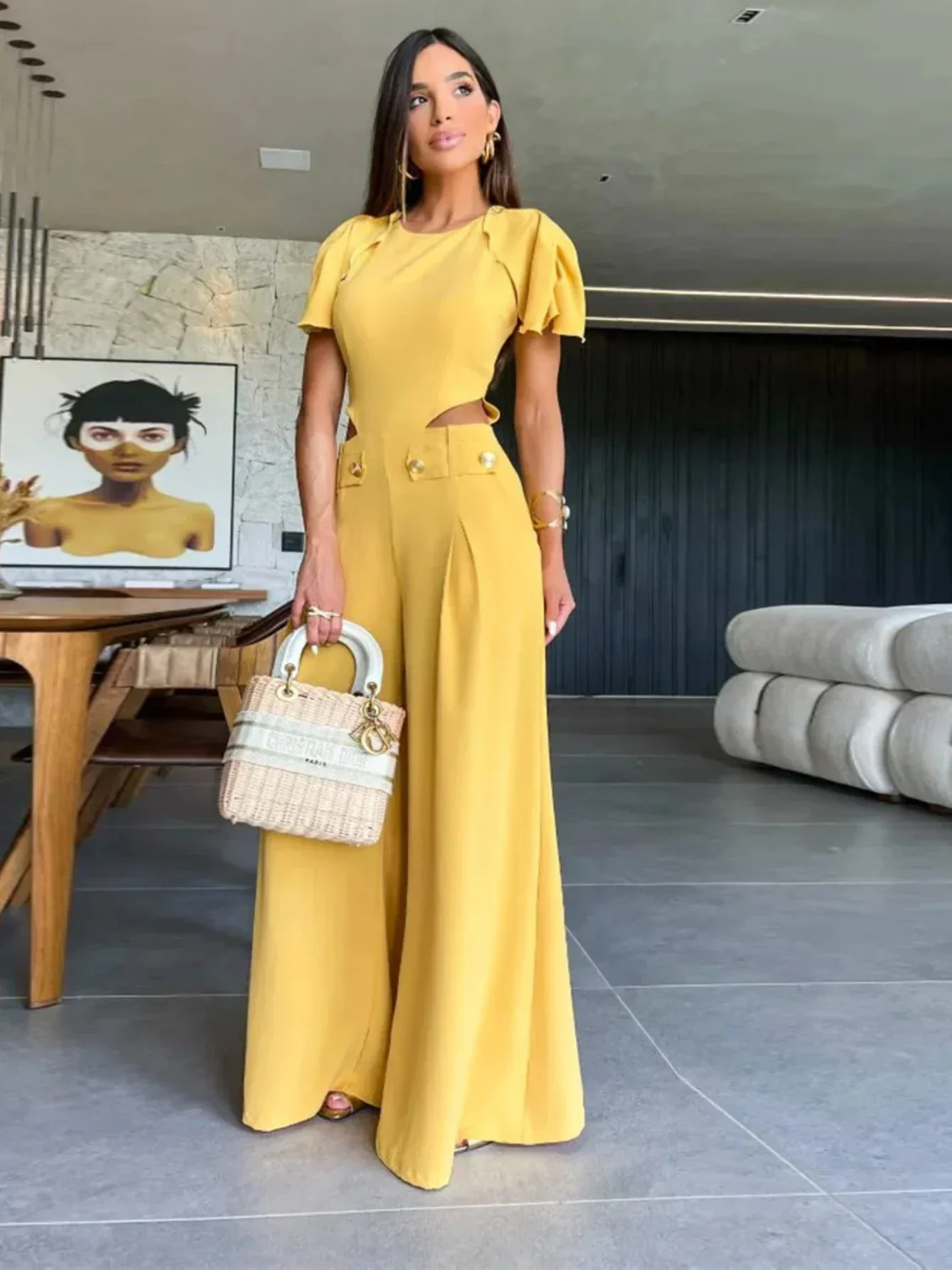 2024 New Elegant Solid Hole Button Women's Jumpsuit O-neck Butterfly Sleeve Loose Long Pants One Piece Suit Summer Women Fashion