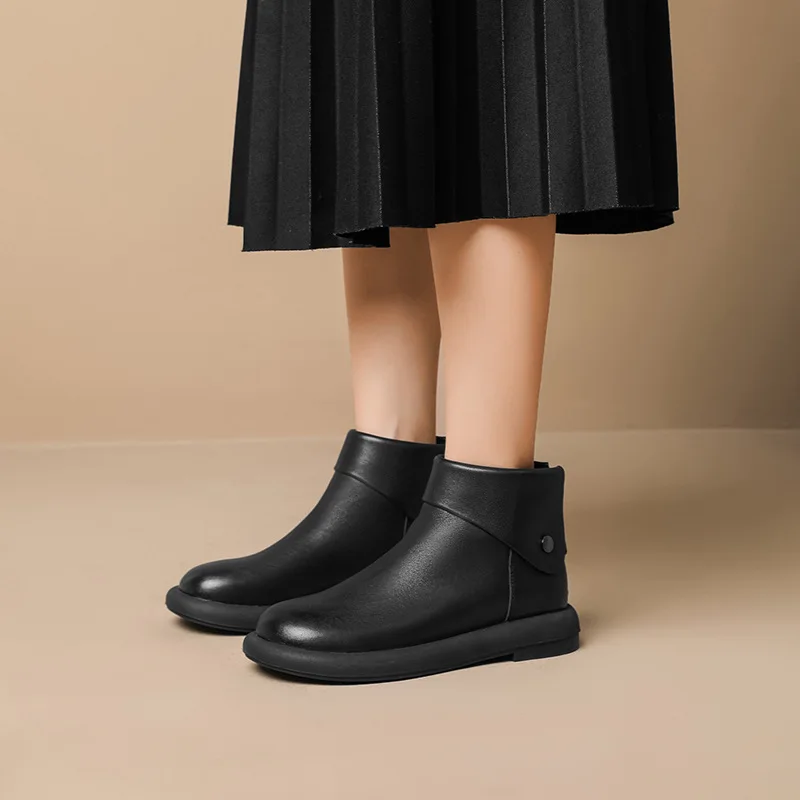 Women's Brown Boots Winter Soft Genuine Leather Low Heels Casual Shoes for Female Retro Outdoor Warm Ankle Boots Woman