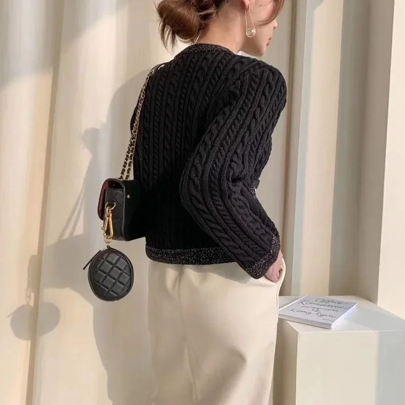 Autumn Elegant Knitted Long Sleeve Jackets Winter Korean Round Neck Twist Cardigan Sweater Outerwear Loose Casual Office Coats