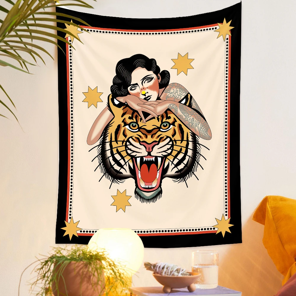 WomanAndTigerTapestryWallHangingSexyTattooGirlTapestries