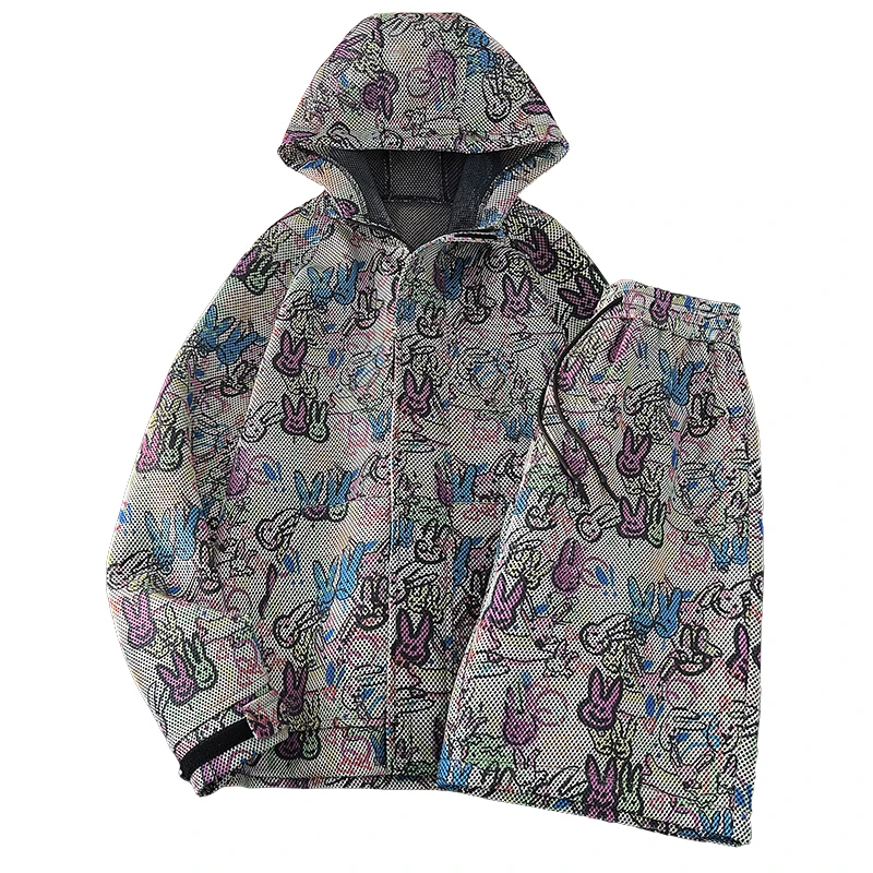 

Mens Clothing Rabbit Full Print Skeleton Mesh Men Sunscreen Suit Summer American Male Hooded Jacket Shorts Man Two-piece Suit