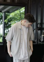 Miyake Pleated Short Sleeve Shirt Casual Solid Color Shirts Summer Button Lapel Top Men 2