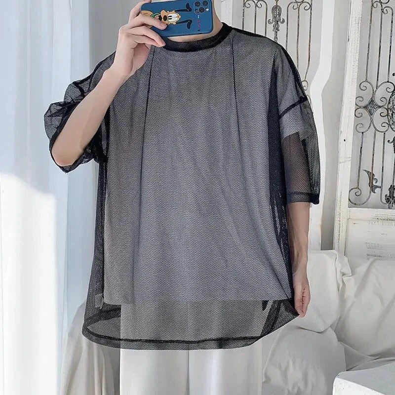 Summer Mesh Short Sleeve O Neck Men Sweatshirt Black White Fashion High Street Casual Personality Punk Hip Hop Oversized T Shirt