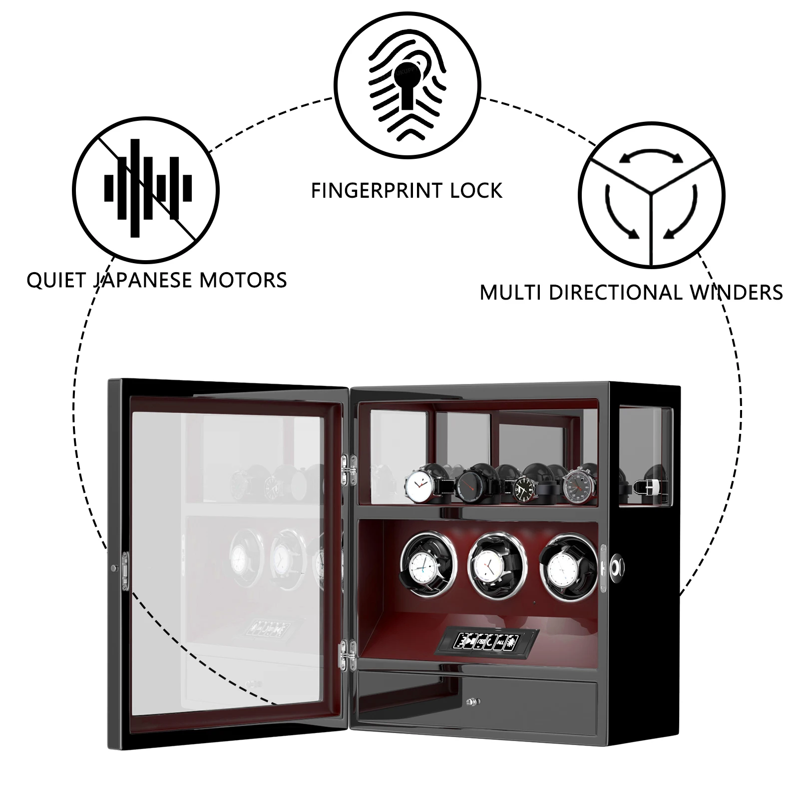 S29cf59fee31d4becb16aebb70941e82fA Fingerprint Unlock Automatic Watch Winder 3 Slots Display and Jewelry Storage Drawer Remote Control Watch Safe Box