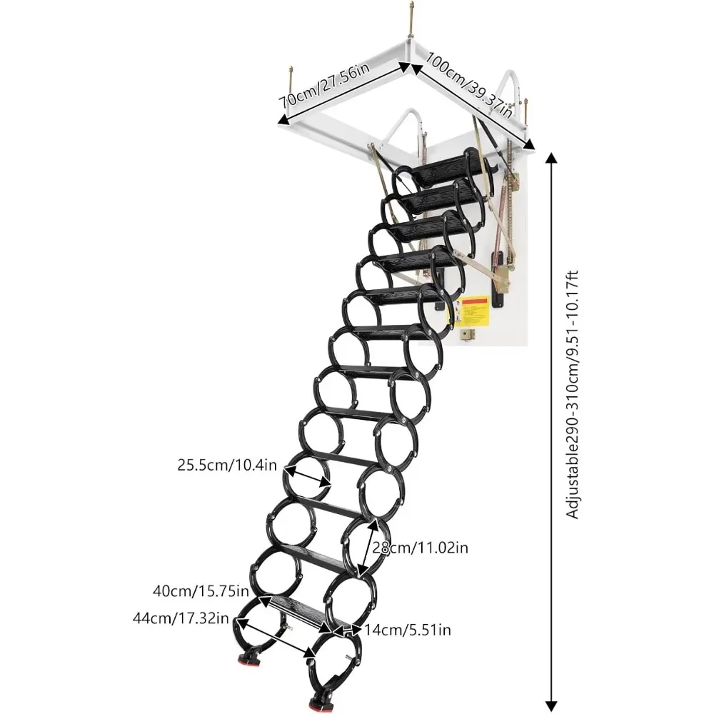 12 Steps Ceiling Mounted Attic Ladder, 10.17ft Alloy Pull Down Attic Stairs Retractable Foldable Hidden Loft Ladder 661.39LBS