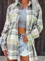 Women Plus Size Fashion Plaid Printed Shirt Casual Loose Long Sleeved Shirt  Lapel Design Shirt Tops - Image 3