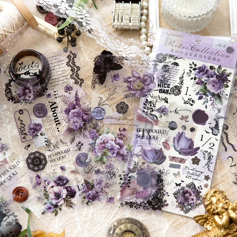 

3Pcs Purple Flower Sticker Lace Material Floral Background Decorative Feast Supplies Package Handbook Scrapbook Cut 217*102MM
