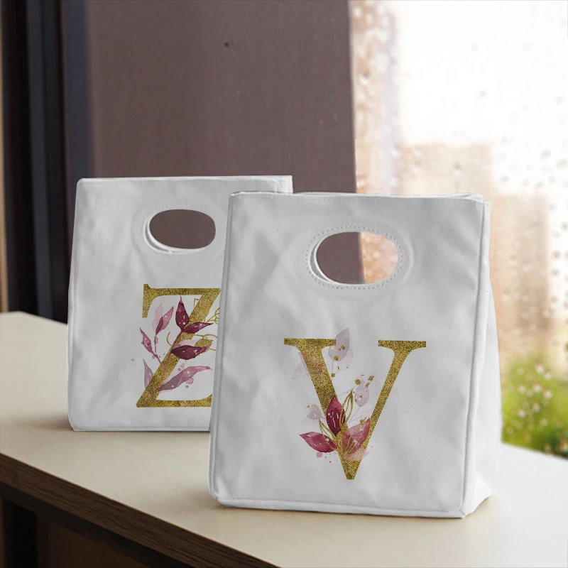 

Gold Alphabet Canvas Portable Lunch Bag Insulated Lunch Box Tote Office Refrigerator Container Food Storage Bag Tote Bag