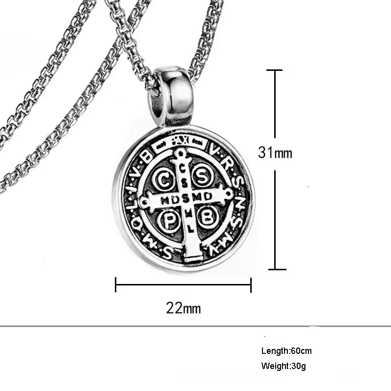Vintage St Benedict Exorcism Women Men Necklace Round Pendant Stainless Steel 24Inch Chain Catholic Roman Cross Demon Necklaces 2