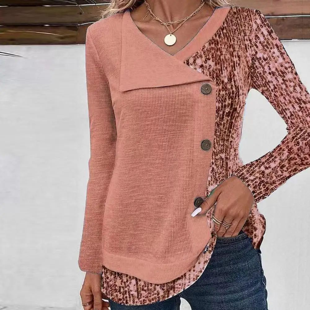 

Splicing Detail Blouse Sequin Patchwork Asymmetric Blouse Fall Spring Women's Button Decor Long Sleeve Casual Pullover Women