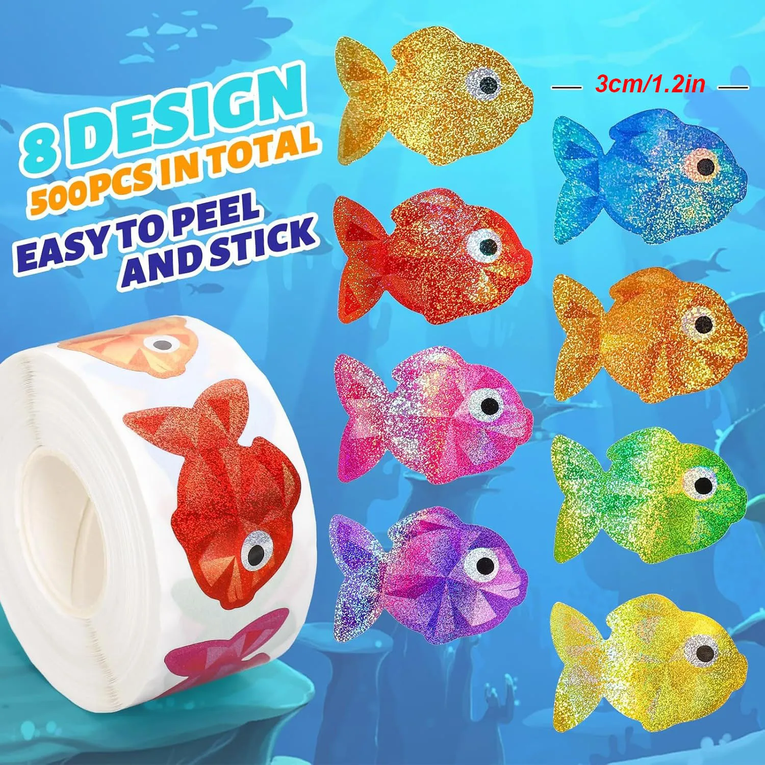 500pcs Fish Stickers Laser Colored Sea Creature Seal Stickers Ocean Waterproof Self-Adhesive Decals for Classroom Teacher Reward