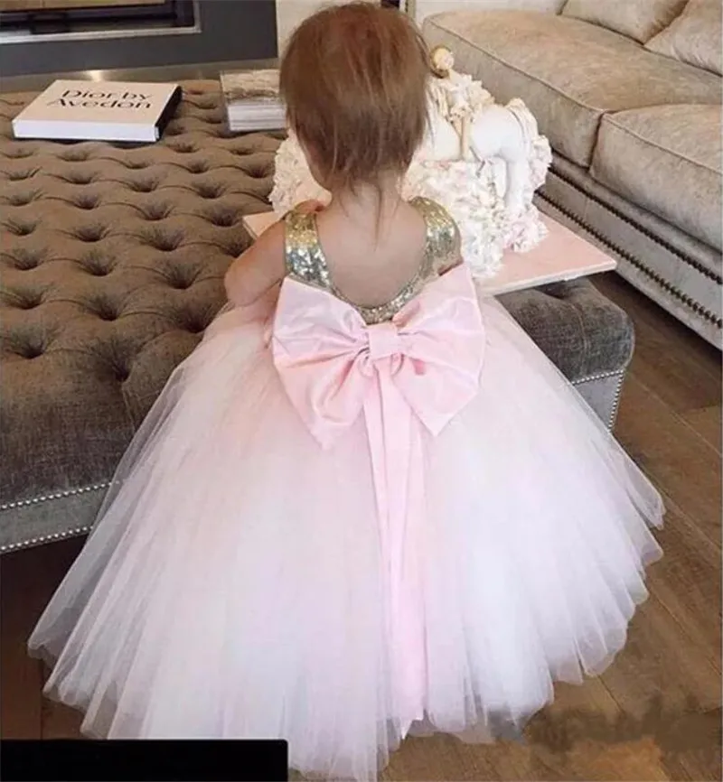 

Pink Baby Girls Birthday Gown Flower Girl Dresses with Bow Sequins Top Puffy Kids Clothes Size1-16Years