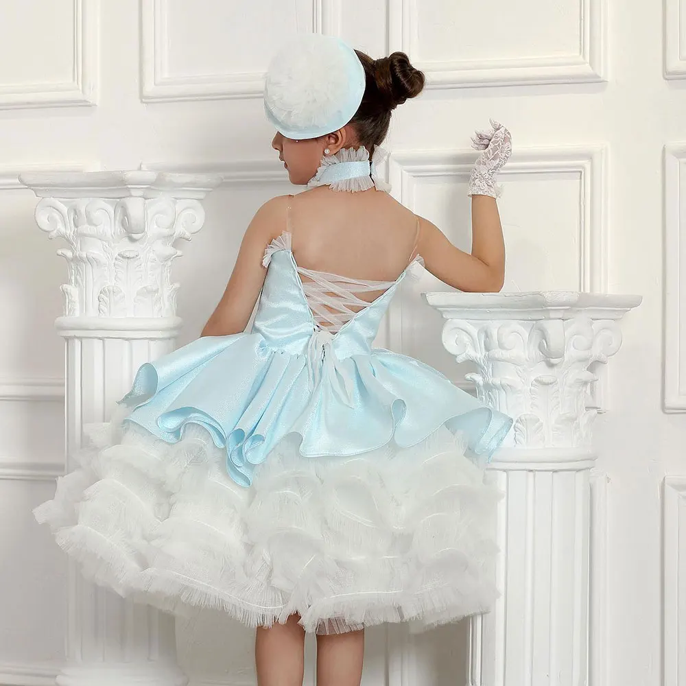 Gdybao Luxury Sky Blue Flower Girl Dress Tulle Puffy Kids Princess Birthday Wedding Party Children Holiday Gown flower girl dresses,girls dresses