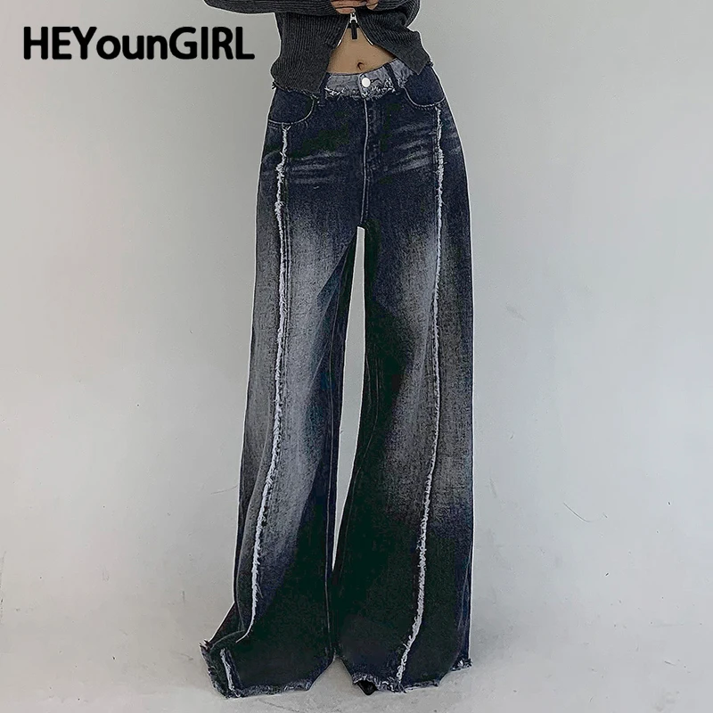 

HEYounGIRL Y2K Women Vintage Blue Frayed Jeans Patchwork Loose Grunge Aesthetic Denim Pants Harajuku Korean Fashion Trousers 90s